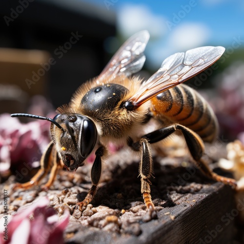 A macro look at a bee landing on a clover flower, its legs laden with pollen, its wings glinting in the sun. © blueringmedia