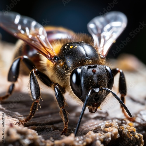 A close-up view of a bee landing on a clover flower, its legs laden with pollen. © blueringmedia