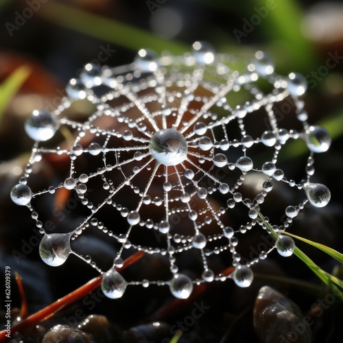 A detailed examination of a dew-laden spider's web, the water droplets reflecting the morning sun.