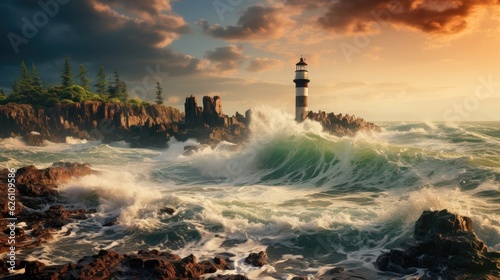 A wild, rocky coastline battered by waves, with a lonely lighthouse standing guard amidst the swirling sea spray.