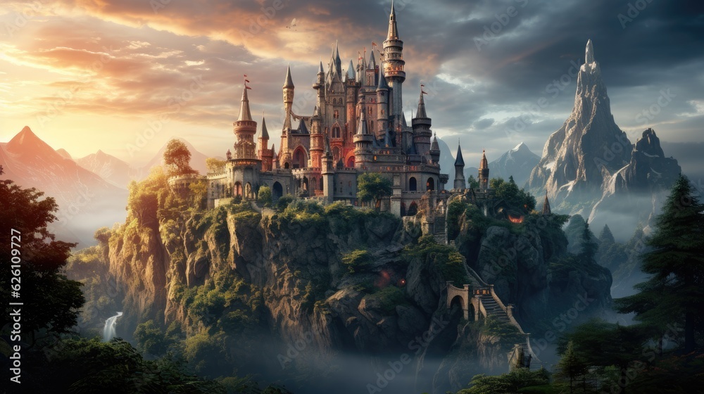 A magical fairy-tale castle perched on a hill, spires reaching for the sky, and a rainbow arching over the towers.