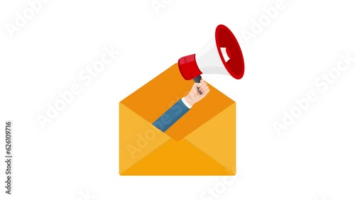 Hand holding megaphone inside envelope animation with green screen. Envelope mail with megaphone for social media marketing concept