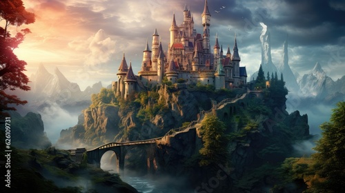 A magical fairy-tale castle perched on a hill  spires reaching for the sky  and a rainbow arching over the towers.