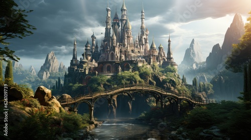 A magical fairy-tale castle perched on a hill, spires reaching for the sky, and a rainbow arching over the towers.