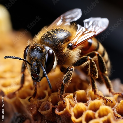 An extreme close-up of a honeybee on a sunflower, its legs laden with pollen, its compound eyes reflecting the summer sun.