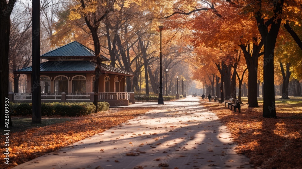 A vibrant city park in autumn, leaves turning shades of orange and red, people walking their dogs, and children playing in piles of leaves.