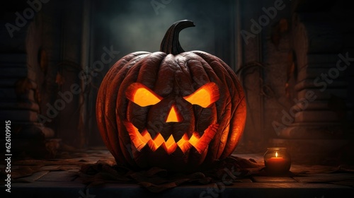 Mysterious Jack-o'-Lantern casts haunting shadows. Halloween concept.