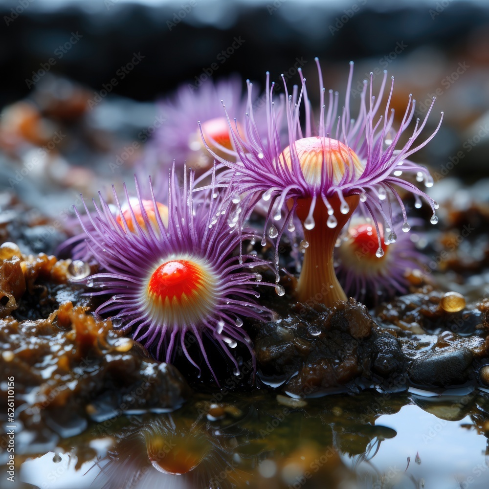 A macro view of a vibrant rock pool, with anemones unfurling their colorful tendrils, starfish clinging to the rocks, and crabs scuttling in the crevices. A macro view of a vibrant rock pool, with anemones unfurling their colorful tendrils, starfish clinging to the rocks, and crabs scuttling in the crevices.
