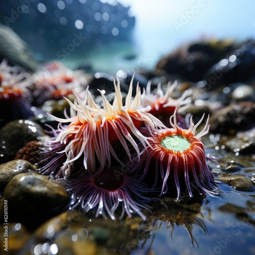 A macro view of a vibrant rock pool, with anemones unfurling their colorful tendrils, starfish clinging to the rocks, and crabs scuttling in the crevices. photo