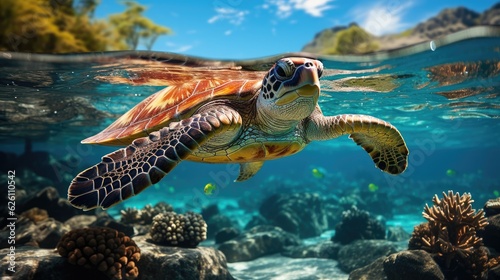 A vibrant coral reef under crystal-clear water, teeming with multicolored fish and a sea turtle gliding effortlessly.