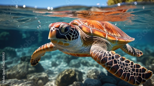 Fototapeta Naklejka Na Ścianę i Meble -  A vibrant coral reef under crystal-clear water, teeming with multicolored fish and a sea turtle gliding effortlessly.