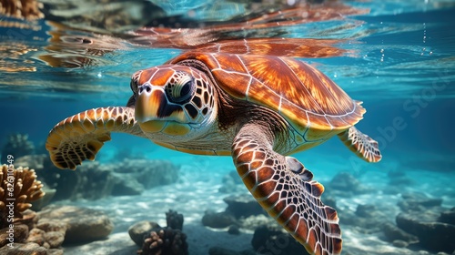 Fototapeta Naklejka Na Ścianę i Meble -  A vibrant coral reef under crystal-clear water, teeming with multicolored fish and a sea turtle gliding effortlessly.