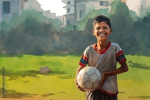 Indian boy is staying on a backyard and holding his soccer ball 