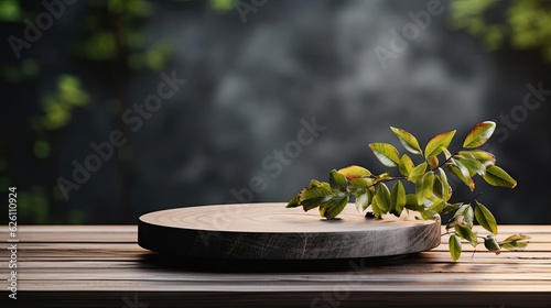 podium for product stand or display with plant background and cinematic light  front view