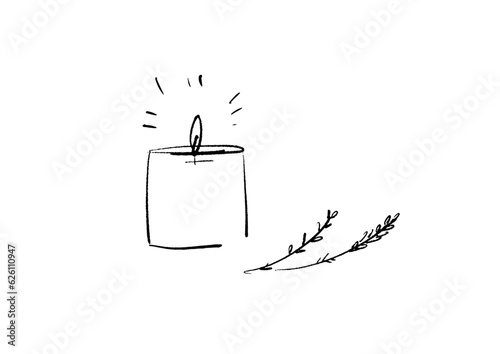 アロマキャンドルとハーブの線画手書きイラスト