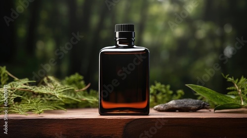 perfume bottle on wooden table with plant background for mockup design