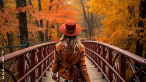 portrait seen back view woman at autumn park