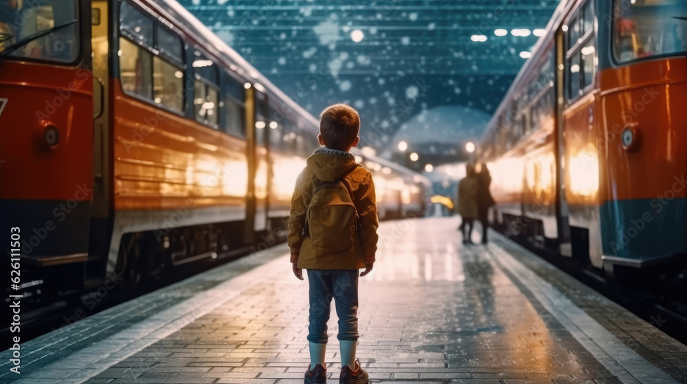 A kid is waiting for the train at the station A kid is waiting for the train at the station