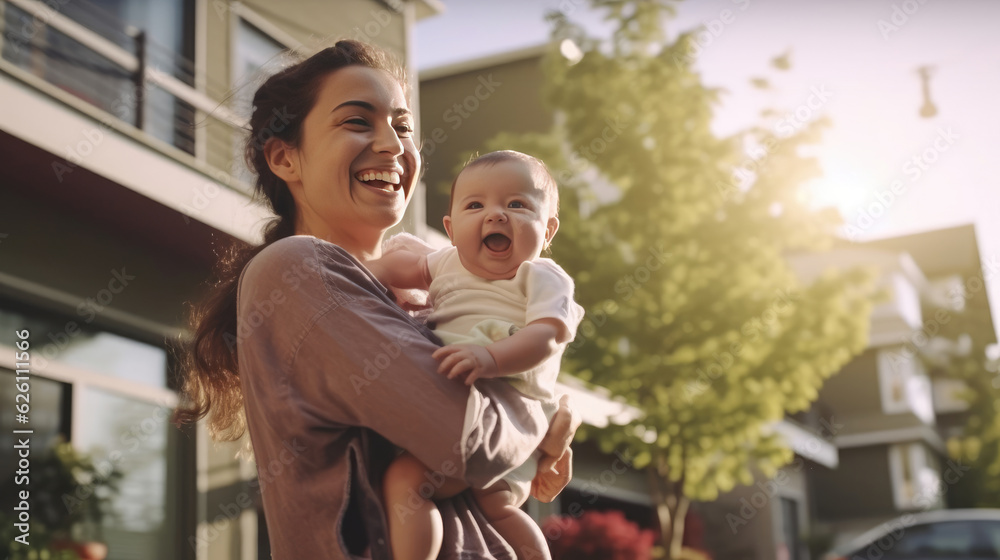 Fototapeta premium A happy woman lifting her baby, in front of home