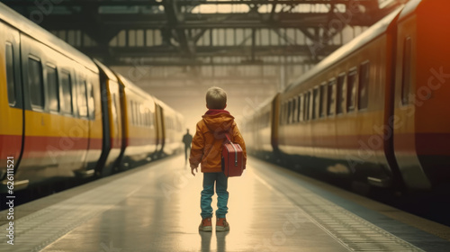 A kid is waiting for the train at the station