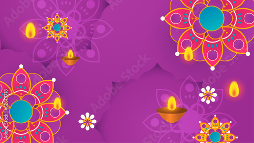 Happy Diwali. Celebrating the festival of lights. Background with the paper graphic of Indian Rangoli and flowers.