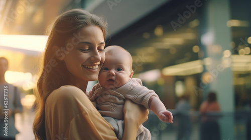 A happy woman holding up her baby, in a public place