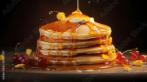 pile of pancakes with melted sweet syrup and fruit toppings with a blurred background