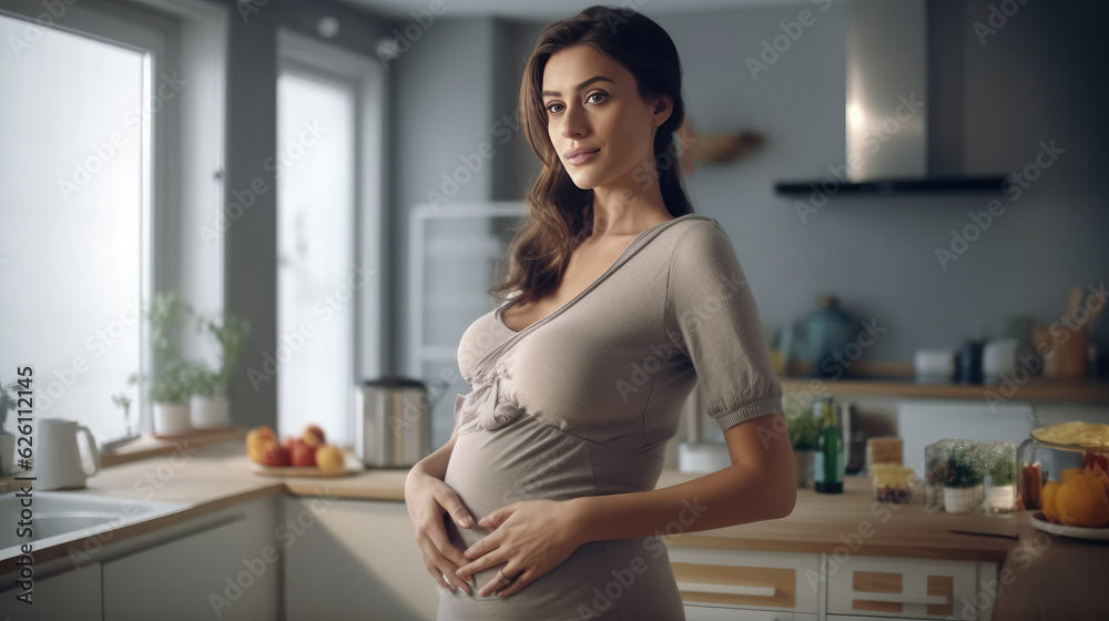 A happy pregnant mother standing in kitchen A happy pregnant mother standing in kitchen