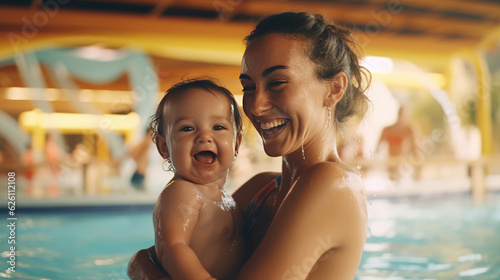 A happy woman holding her baby, in a waterpark