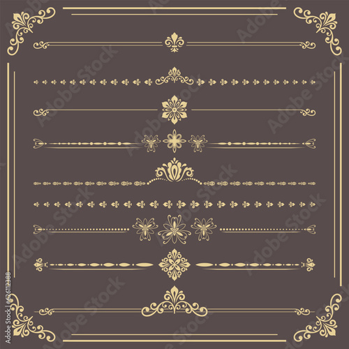 Vintage set of vector decorative elements. Horizontal brown and golden separators in the frame. Collection of different ornaments. Classic patterns. Set of vintage patterns