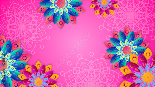 Colorful clay diya lamps with flowers on background