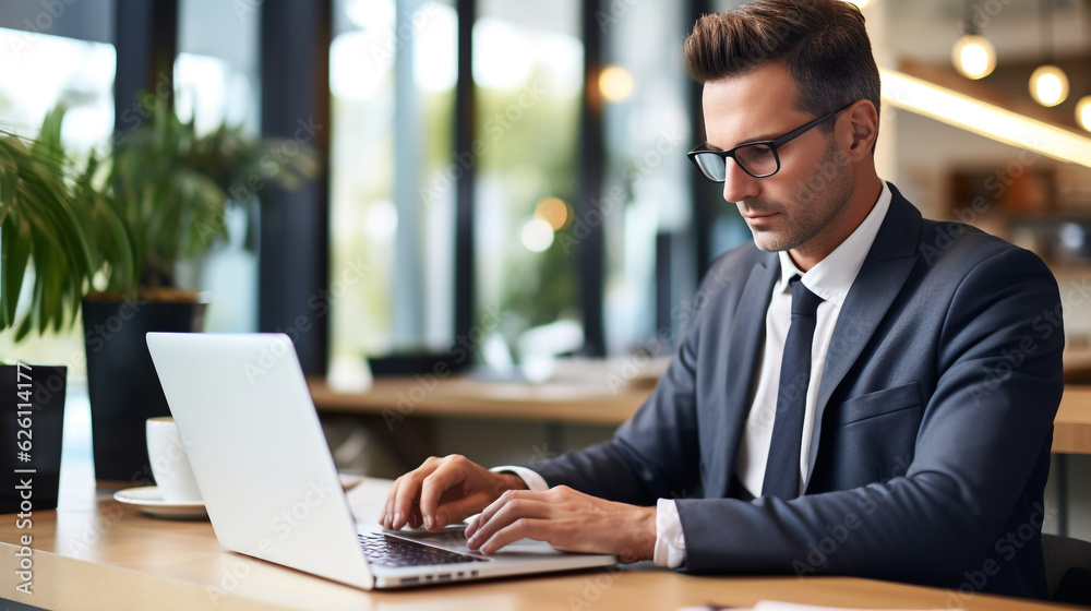 businessman working on laptop in the office, Generative AI businessman working on laptop in the office, Generative AI