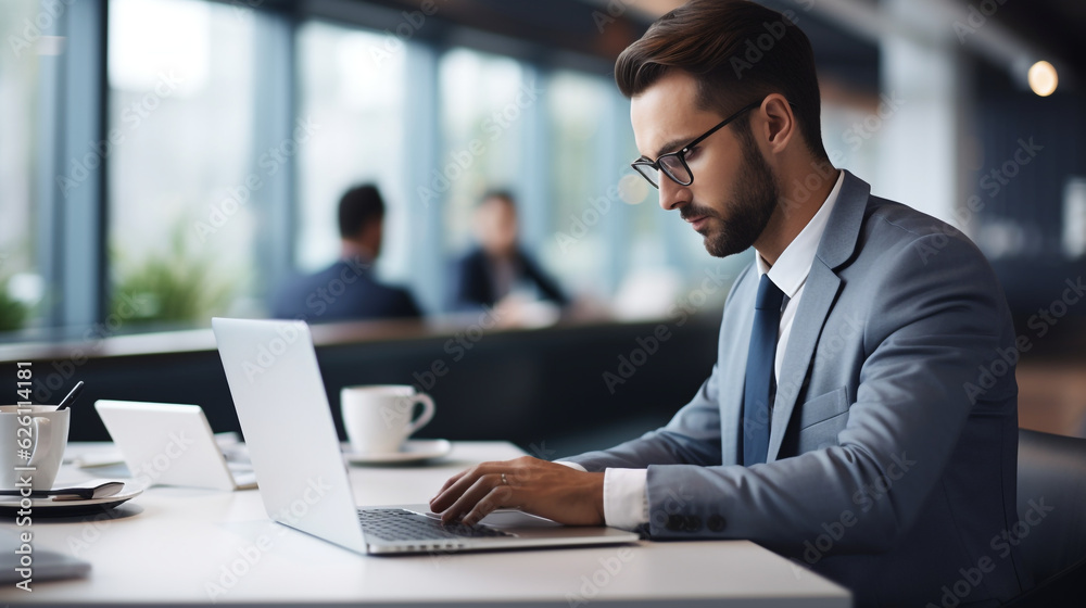 a businessman at his desk, engrossed in online work on his laptop computer. The shot captures the concentration on his face as he navigates the internet and types on the keyboard, Generative AI a businessman at his desk, engrossed in online work on his laptop computer. The shot captures the concentration on his face as he navigates the internet and types on the keyboard, Generative AI