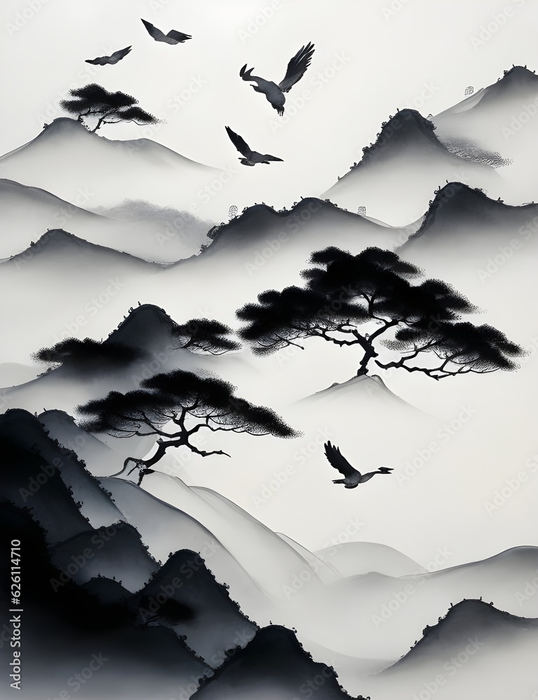 mountain peak with trees, fog and birds
