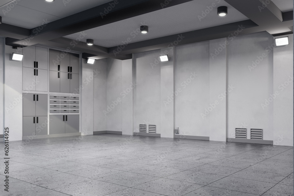 Empty home garage with cabinet and lights Empty home garage with cabinet and lights