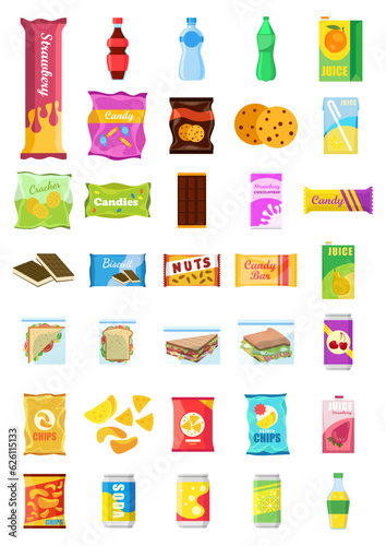 Snack product set, fast food snacks, drinks, nuts, chips, cracker, juice, sandwich isolated on white background. Unhealthy junk food. Flat illustration in vector