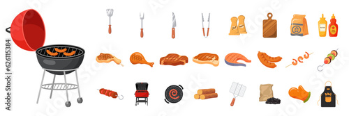 Cartoon bbq elements. Summer barbecue, burning grill picnic food roasted beef steak fish meat menu cooking chef grilling hamburger kebab sausage vegetable, vector illustration. Barbecue grill party