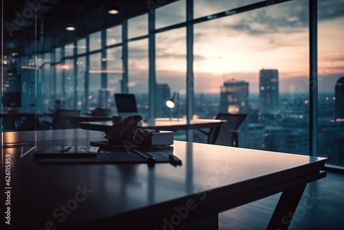 lurred office workspace in the evening , interior workplace with cityscape for business presentation background. Generative AI photo