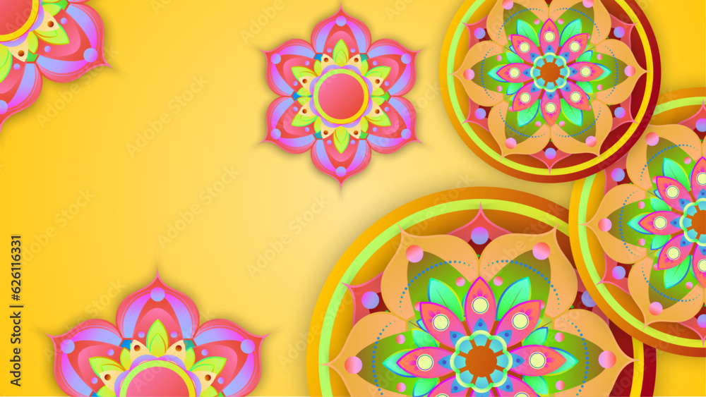 Happy Diwali. Paper Graphic of Indian Rangoli. Rangoli - A traditional Indian art of decorating the entrance to a house. Diwali festival holiday design with paper cut style of Indian Rangoli. Happy Diwali. Paper Graphic of Indian Rangoli. Rangoli - A traditional Indian art of decorating the entrance to a house. Diwali festival holiday design with paper cut style of Indian Rangoli.