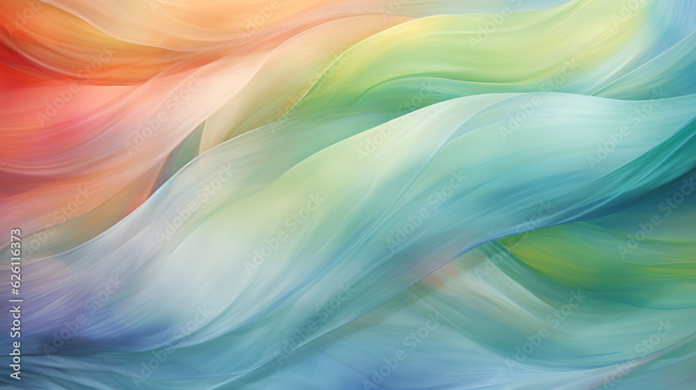 Soft, multicolored fabrics waving in the wind, with dynamic waves. Abstract fabric background for a colorful horizontal background wallpaper in pastel tones to represent dreams and beautiful feelings