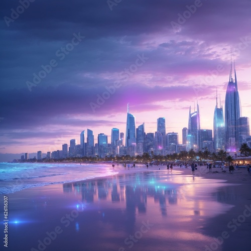beach city skyline at sunset, AI Generated © AI Genin