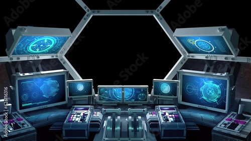 3d animation in the form of a spacecraft cabin with control panels, various instruments and infographics