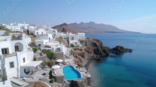 Santorini style of luxury beach sea view hotel and resort with blue sky, Generative AI