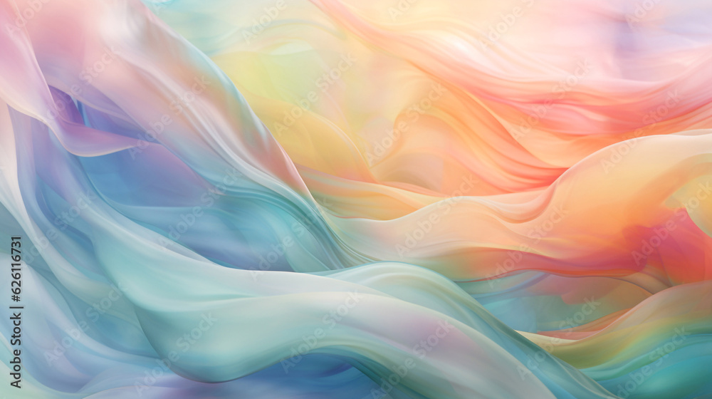 Soft, multicolored fabrics waving in the wind, with dynamic waves like in a sea. Beautiful abstract fabric background for a pleasant and colorful horizontal background for a wallpaper