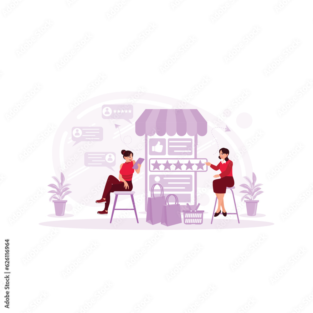 The woman who owns a clothing store looks at the sales rating at an online store with one of her employees. Best feedback concept with people scene outline. Trend Modern vector flat illustration The woman who owns a clothing store looks at the sales rating at an online store with one of her employees. Best feedback concept with people scene outline. Trend Modern vector flat illustration