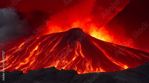 A fiery landscape of molten lava cascading down the slopes of Fuji Fire Mountain