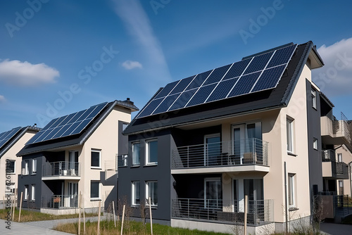 Newly constructed homes with solar panels on the roof. Generative AI