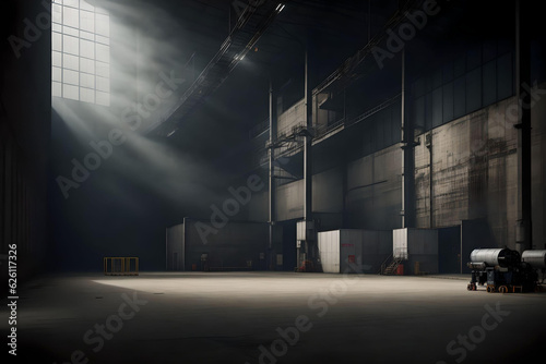 Industrial warehouse interior and light from windows. AI Generated.