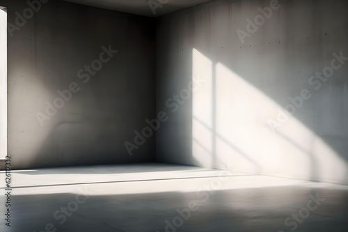 Empty concrete room with sunlight and shadow on the wall. AI Generated.