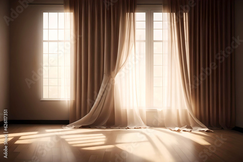 Curtain in the interior with sunset light. AI Generated.